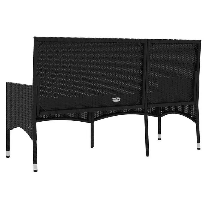 Furnicato Gartenbank - Schwarz - Schwarze Polyrattan Gartenbank mit geflochtener Rückenlehne, einer Armlehne und silbernen Beinkappen.