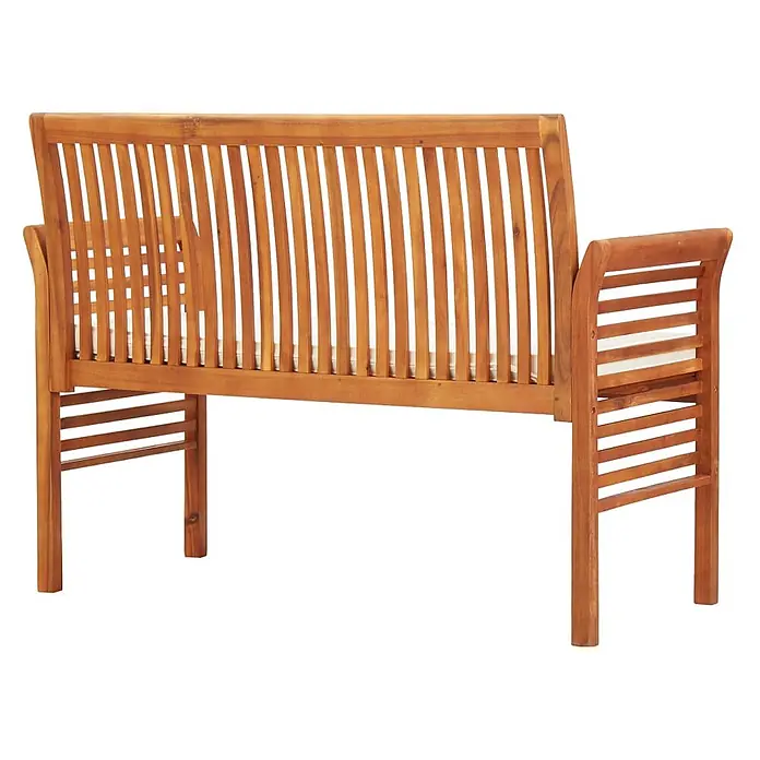 Furnicato Gartenbank Akazien-Massivholz geölt - B x T x H: 120 x 60 x 90 cm, Creme - Hölzerne Gartenbank mit Lattenrost, Armlehnen und weißem Kissen.