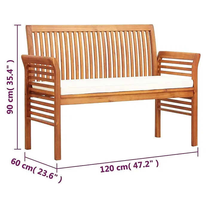 Furnicato Gartenbank Akazien-Massivholz geölt - B x T x H: 120 x 60 x 90 cm, Creme - Braune Holzgartenbank mit weißem Kissen, Maße 120 cm B, 60 cm T, 90 cm H.