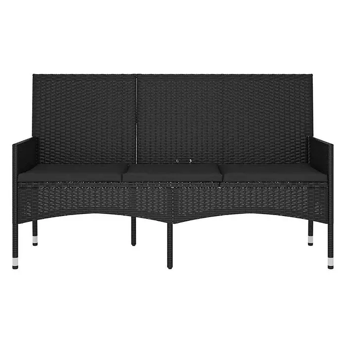 Furnicato Gartenbank - Schwarz - Schwarze Rattan-Gartenbank mit drei Sitzen und schwarzen Kissen, Armlehnen und Beinen mit weißen Spitzen.