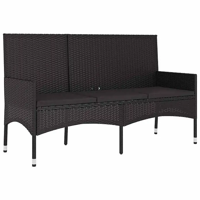 Furnicato Gartenbank - Schwarz - Dunkelbraune 3-Sitzer Gartenbank aus Polyrattan mit schwarzen Kissen und silbernen Beinenden.