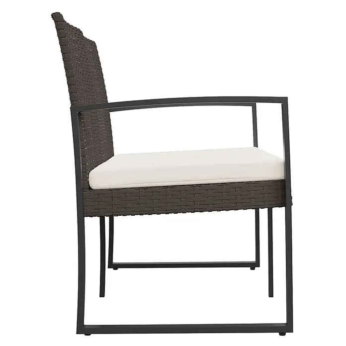Furnicato Gartenbank PP-Rattan Anthrazit - B x T x H: 103,5 x 57 x 77,5 cm, Braun - Seitenansicht eines dunkelbraunen Gartenstuhls aus Geflecht mit schwarzem Metallrahmen und cremefarbenem Kissen.