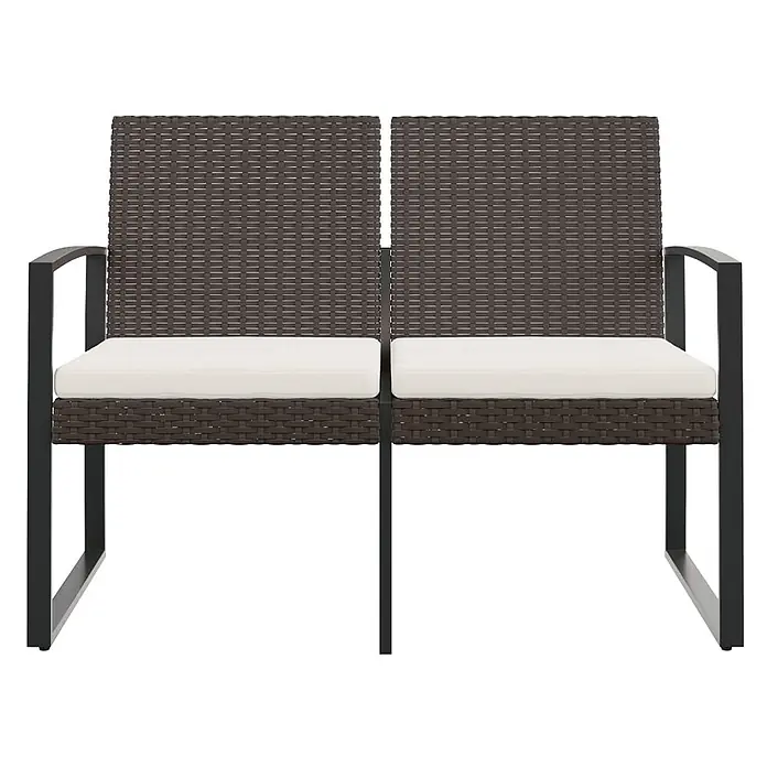 Furnicato Gartenbank PP-Rattan Anthrazit - B x T x H: 103,5 x 57 x 77,5 cm, Braun - Zweisitzer-Gartenbank mit dunkelbraunem Rattan, cremefarbenen Kissen und schwarzem Metallrahmen.