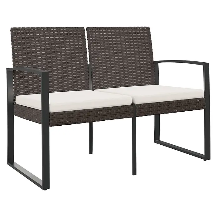 Furnicato Gartenbank PP-Rattan Anthrazit - B x T x H: 103,5 x 57 x 77,5 cm, Braun - Braune geflochtene Zweisitzer-Gartenbank mit weißen Kissen und dunkelgrauem Metallgestell.