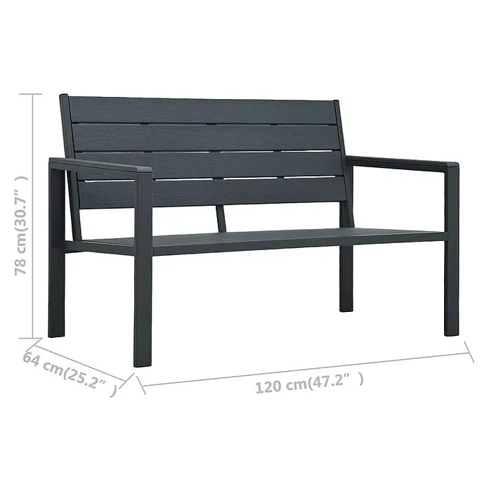Furnicato Gartenbank HDPE Holz-Optik - B x T x H: 120 x 64 x 78 cm, Grau - Dunkelgraue Gartenbank mit Lattenrückenlehne, Sitzfläche und Armlehnen.