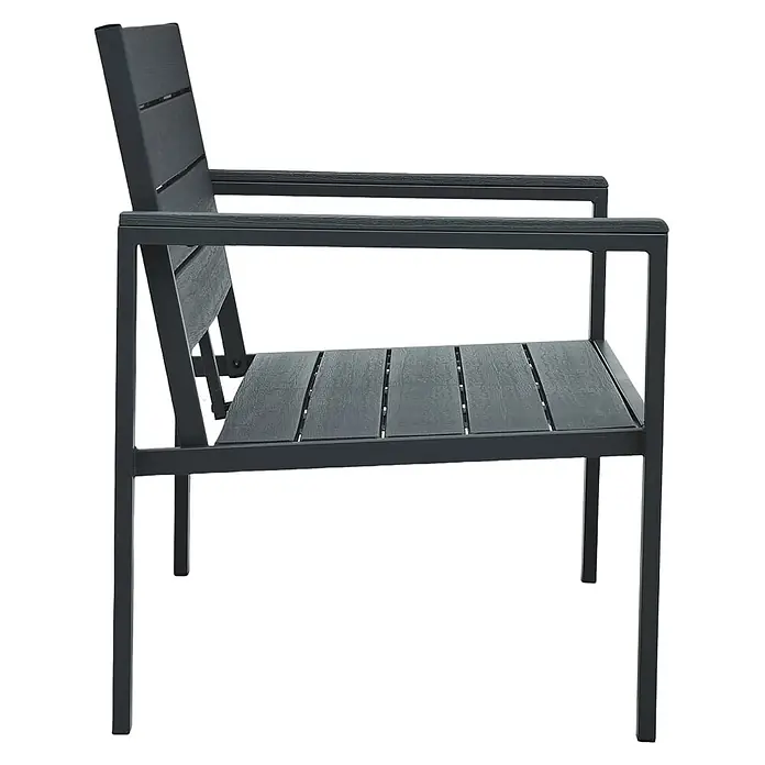 Furnicato Gartenbank HDPE Holz-Optik - B x T x H: 120 x 64 x 78 cm, Grau - Seitenansicht eines dunkelgrauen Gartenstuhls mit Lattenrostsitzfläche, Rückenlehne, Metallrahmen und Armlehnen.