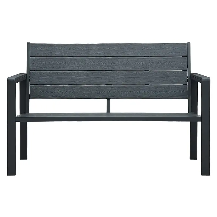 Furnicato Gartenbank HDPE Holz-Optik - B x T x H: 120 x 64 x 78 cm, Grau - Dunkelgraue Bank mit Lattenrückenlehne und Armlehnen.