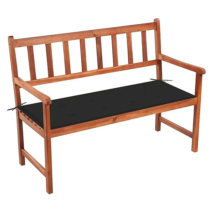 Furnicato Gartenbank Akazienholz geölt - B x T x H: 58 x 120 x 90 cm, Schwarz - Braune Holzgartenbank mit schwarzem getuftetem Sitzkissen.
