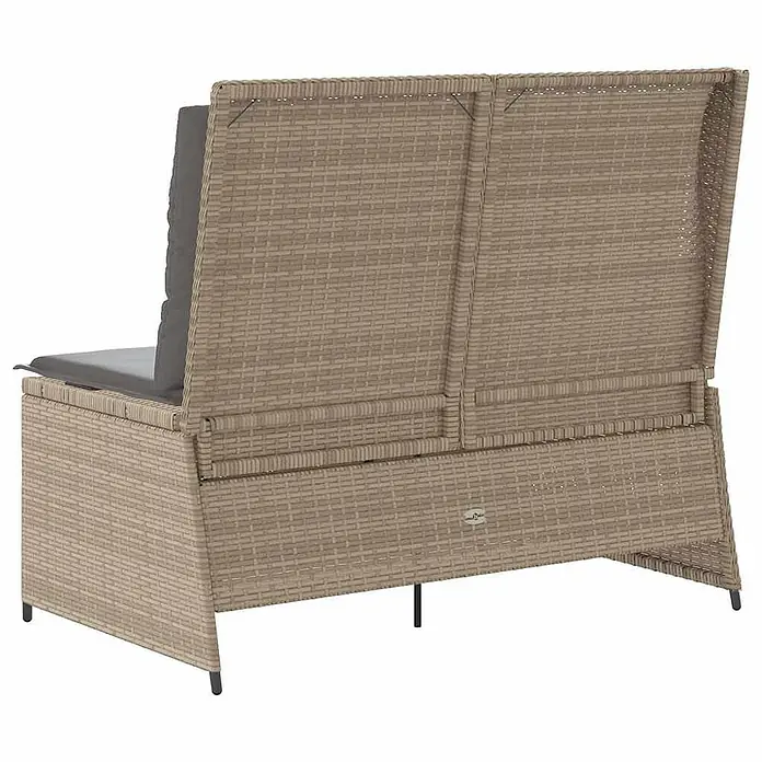 Furnicato Gartenbank - B x T x H: 95 x 95 x 95 cm, Beige und Grau - Rück- und Seitenansicht eines beigefarbenen Rattan-Gartensofas mit dunkelgrauen Kissen und schwarzen Metallbeinen.