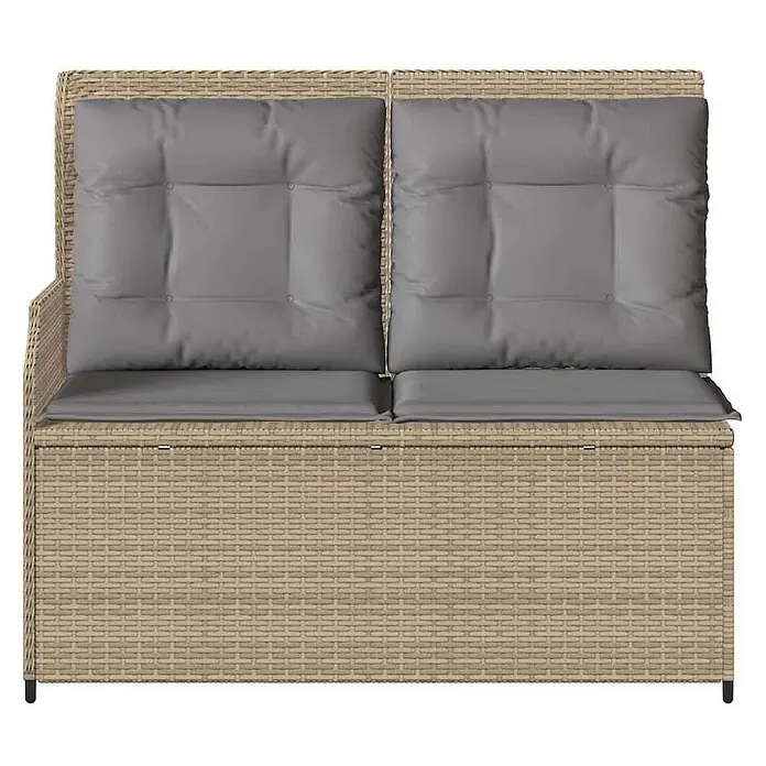 Furnicato Gartenbank - B x T x H: 95 x 95 x 95 cm, Beige und Grau - Hellbraune 2-Sitzer Rattan-Gartenbank mit Stauraum und grauen getufteten Kissen.