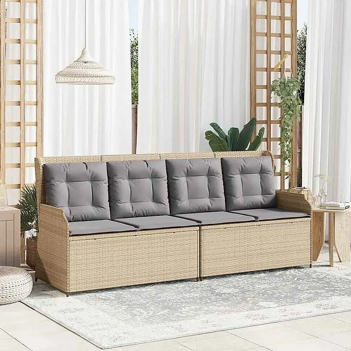 Furnicato Gartenbank - B x T x H: 95 x 95 x 95 cm, Beige und Grau - Modulares beige Rattan-Gartensofa mit grauen Kissen und integriertem Stauraum.