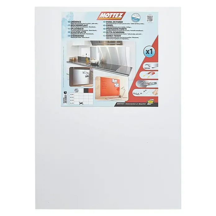 Mottez Protector de pared de cocina - Blanco, 65 x 90 cm, Acero - Salpicadero de cocina Mottez de acero inoxidable, ideal como protector contra salpicaduras, tablero de notas o pizarra magnética.