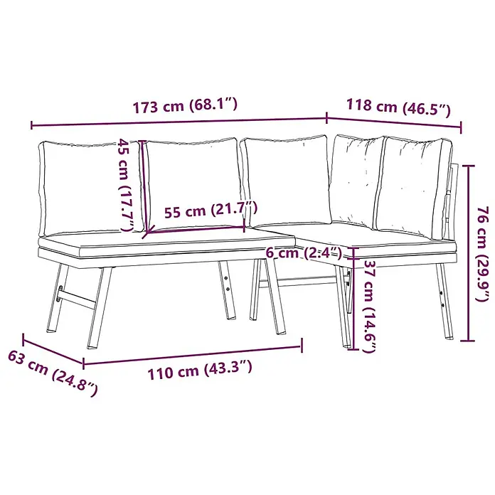 Furnicato Gartenbank pulverbeschichtet Anthrazit - B x T x H: 173 x 118 x 76 cm, Schwarz - Strichzeichnung einer L-förmigen Eckbank mit Kissen, mit Maßen für Länge, Breite und Höhe.