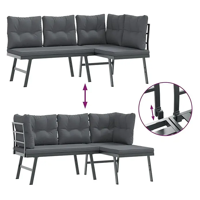 Furnicato Gartenbank pulverbeschichtet Anthrazit - B x T x H: 173 x 118 x 76 cm, Schwarz - Dunkelgraue modulare Garten-Ecksofa-Garnitur mit Kissen, in zwei umbaubaren Anordnungen gezeigt. Metallgestell.