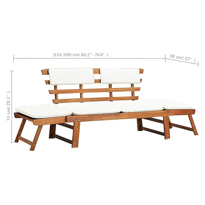 Furnicato Gartenbank Akazie-Massivholz geölt - B x T x H: 190 x 68 x 74 cm, Braun und Weiß - Verwandelbare Outdoor-Holzbank mit weißen Kissen, als Chaiselongue ausgefahren dargestellt.