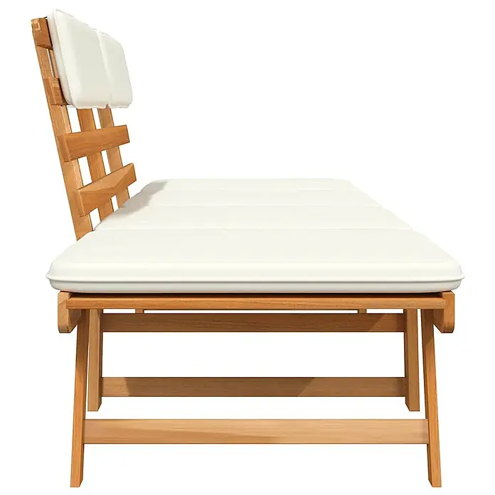 Furnicato Gartenbank Akazie-Massivholz geölt - B x T x H: 190 x 68 x 74 cm, Braun und Weiß - Hölzerne Sonnenliege mit weißen Kissen und schräger Lattenlehne.