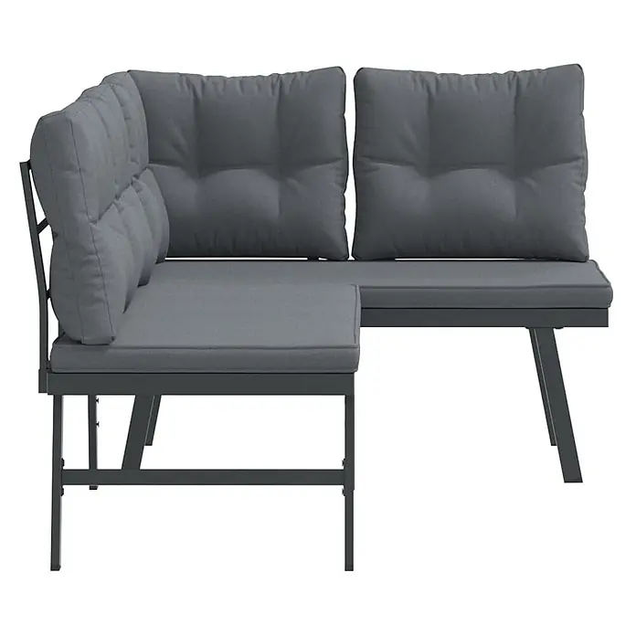 Furnicato Gartenbank pulverbeschichtet Anthrazit - B x T x H: 173 x 118 x 76 cm, Schwarz - Graues Eck-Gartenlounge-Sofa mit Metallrahmen und dicken grauen Kissen.