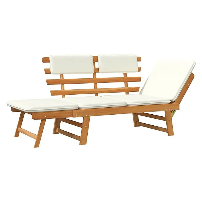 Furnicato Gartenbank Akazie-Massivholz geölt - B x T x H: 190 x 68 x 74 cm, Braun und Weiß - Verstellbare Gartenbank aus hellem Holz mit cremefarbenen Kissen, mit verstellbarer Rückenlehne und Fußstütze.