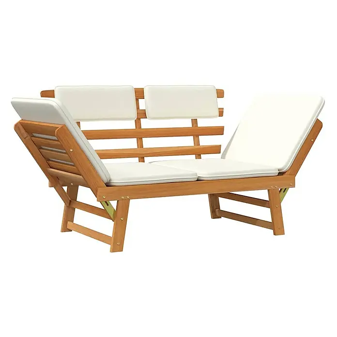 Furnicato Gartenbank Akazie-Massivholz geölt - B x T x H: 190 x 68 x 74 cm, Braun und Weiß - Gartenbank aus Holz mit weißen Polstern und angewinkelten Rückenlehnen.