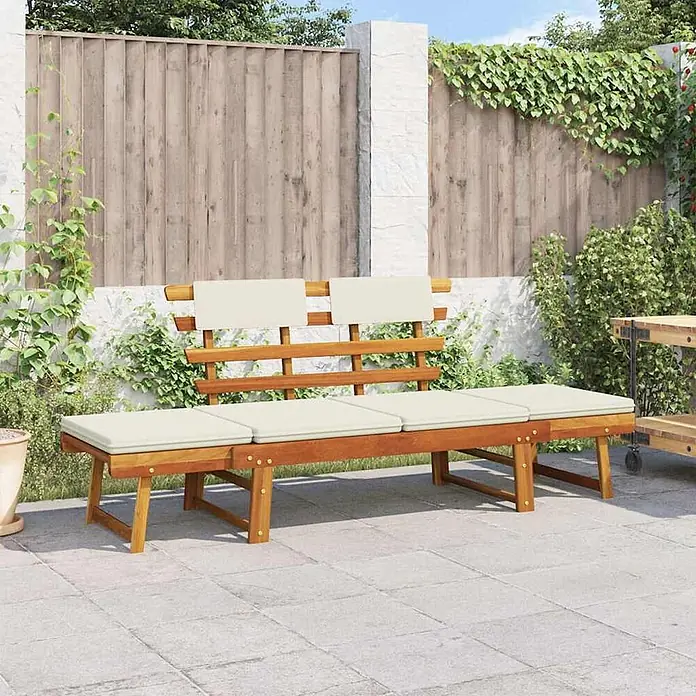 Furnicato Gartenbank Akazie-Massivholz geölt - B x T x H: 190 x 68 x 74 cm, Braun und Weiß - Lange Gartenbank aus Holz mit cremefarbenen Kissen, für den Außenbereich geeignet.