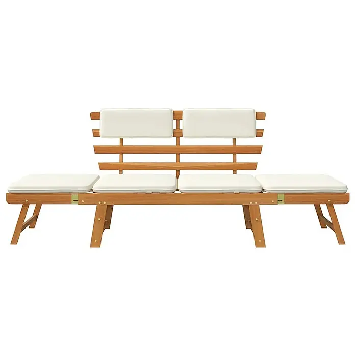 Furnicato Gartenbank Akazie-Massivholz geölt - B x T x H: 190 x 68 x 74 cm, Braun und Weiß - Ausziehbare Holzgartenbank mit cremefarbenen Polstern, bestehend aus zwei Sitzen und zwei Seitenhockern.