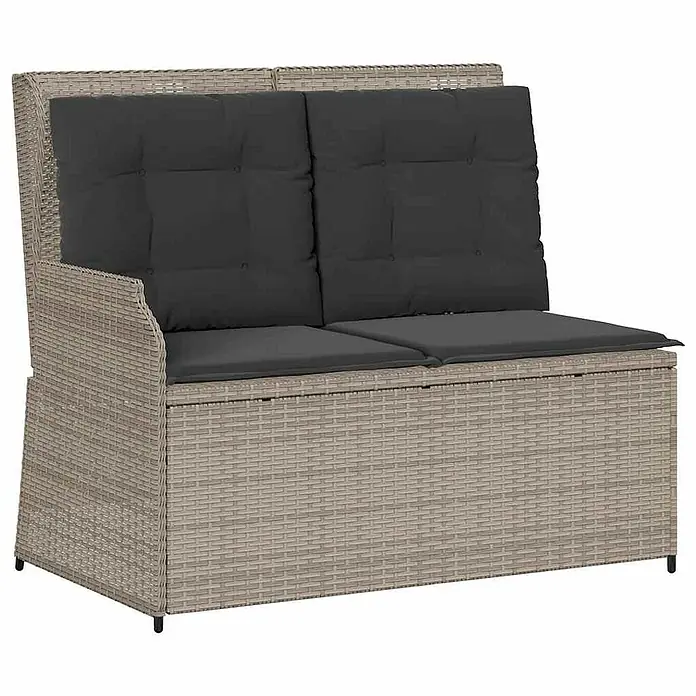 Furnicato Gartenbank - B x T x H: 95 x 110 x 95 cm, Hellgrau - Hellgraue Rattan-Gartenbank mit Stauraum und dunkelgrauen Polstern.