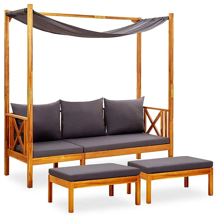 Furnicato Gartenbank Akazienholz geölt - B x T x H: 179 x 66 x 180 cm, Dunkelgrau - Hölzernes Outdoor-Tagesbett mit grauem Sonnendach und Polstern, dazu zwei passende Hocker.