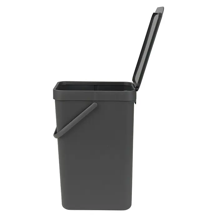 Brabantia Cubo de basura empotrado Sort & Go - 16 l, Gris, Plástico - Un cubo de compostaje gris con tapa abierta y asa, perfecto para recoger residuos orgánicos en la cocina.