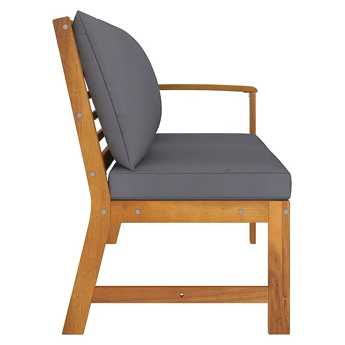 Furnicato Gartenbank Akazienholz geölt - B x T x H: 114,5 x 60,5 x 81 cm, Dunkelgrau - Hölzerne Gartenbank mit grauen Kissen, von der Seite gesehen.