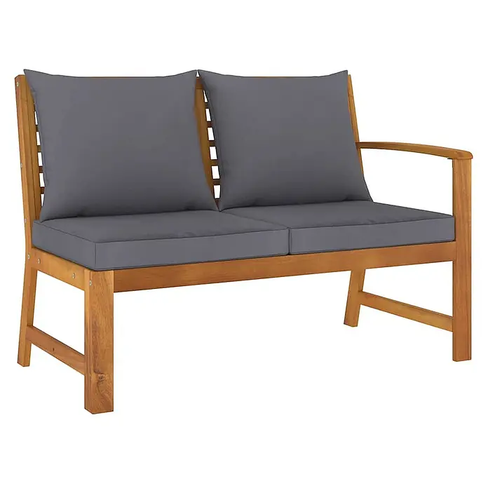 Furnicato Gartenbank Akazienholz geölt - B x T x H: 114,5 x 60,5 x 81 cm, Dunkelgrau - Hölzerne Zweisitzer-Gartenbank mit grauen Sitz- und Rückenkissen.