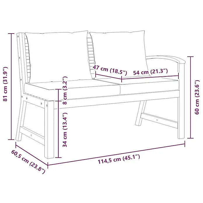 Furnicato Gartenbank Akazienholz geölt - B x T x H: 114,5 x 60,5 x 81 cm, Dunkelgrau - Outdoor-Holzbank mit zwei weichen Kissen, Maße sind eingezeichnet.