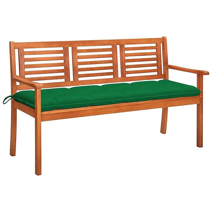Furnicato Gartenbank Eukalyptusholz geölt - B x T x H: 150 x 60 x 89 cm, Grün - Hölzerne Gartenbank mit Lattenrückenlehne und Armlehnen, mit einem langen, gepolsterten grünen Kissen.
