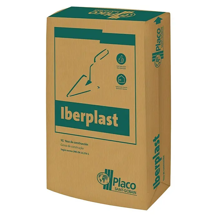 Placo Saint-Gobain Yeso para construcción Iberplast SN - 17 kg - La imagen muestra un saco de yeso de construcción Iberplast de Placo Saint-Gobain, apto para aplicaciones interiores fáciles.