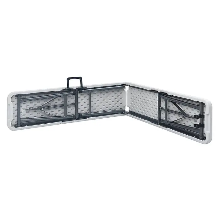 Furnicato Gartenbank HDPE - B x T x H: 26 x 180 x 42 cm, Weiß - Weißer klappbarer Tisch aus Kunststoff, zusammengeklappt, zeigt graues Metallgestell und schwarzen Tragegriff.
