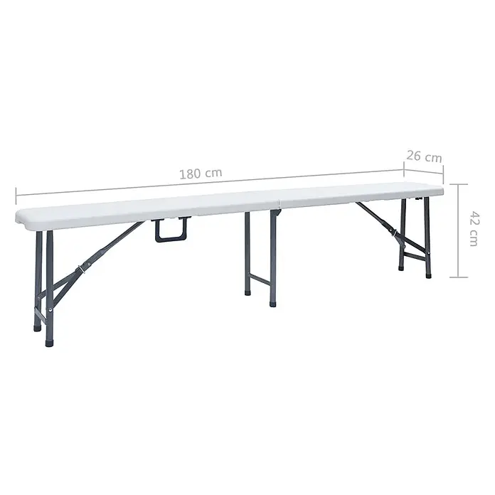 Furnicato Gartenbank HDPE - B x T x H: 26 x 180 x 42 cm, Weiß - Weiße Klappbank mit grauen Metallbeinen, 180 cm lang, 26 cm breit und 42 cm hoch.