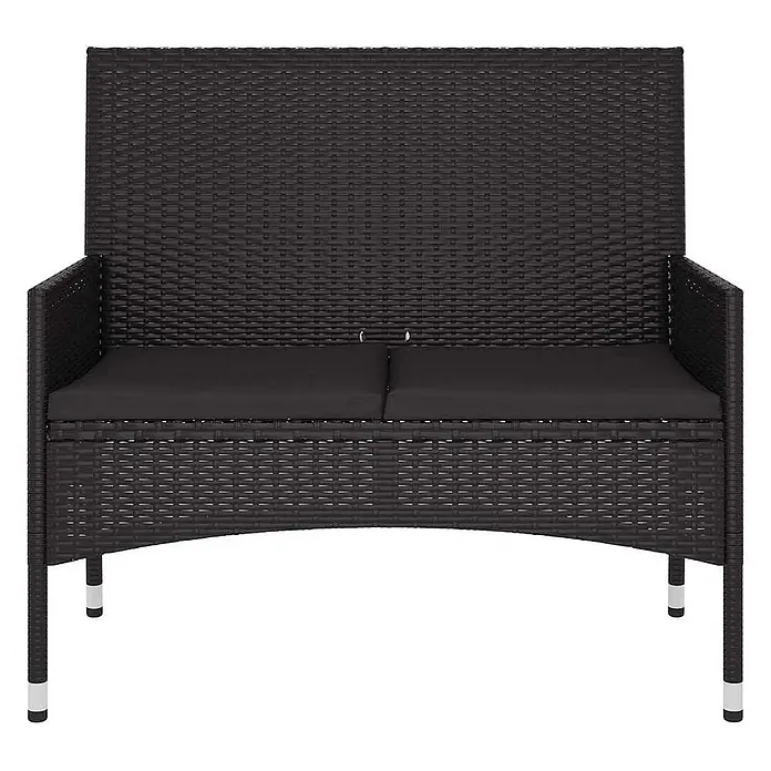 Furnicato Gartenbank - Schwarz - Schwarze Rattan-Zweisitzerbank mit schwarzen Kissen und silbernen Füßen.