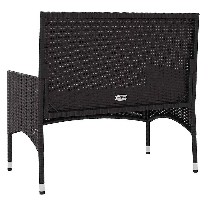 Furnicato Gartenbank - Schwarz - Rückansicht eines dunkelbraunen Polyrattan Gartenstuhls mit Armlehne und Metallfüßen mit weißen Kappen.