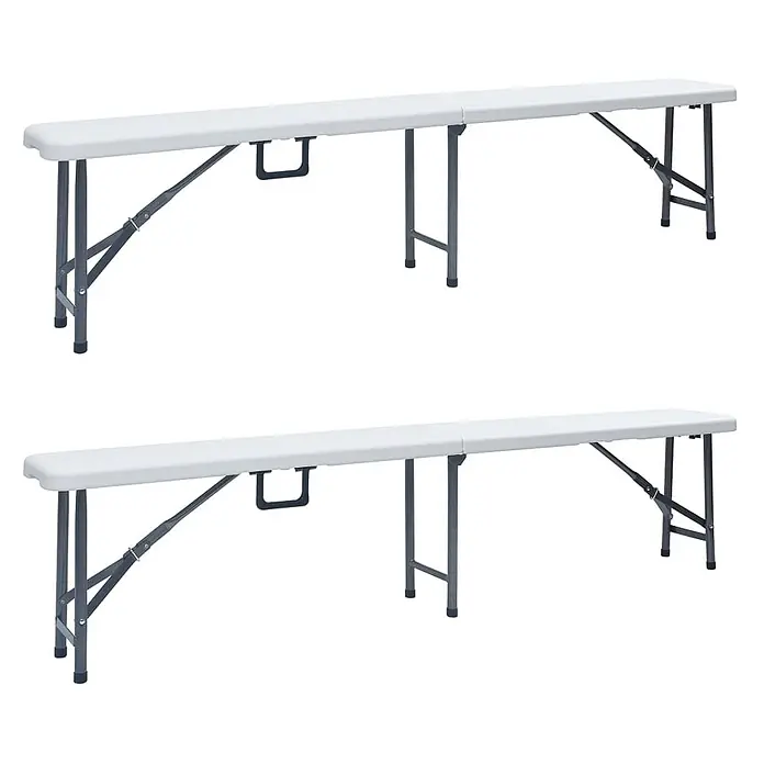 Furnicato Gartenbank HDPE - B x T x H: 26 x 180 x 42 cm, Weiß - Zwei weiße klappbare Kunststoffbänke mit grauen Metallbeinen, für tragbare Sitzgelegenheiten.
