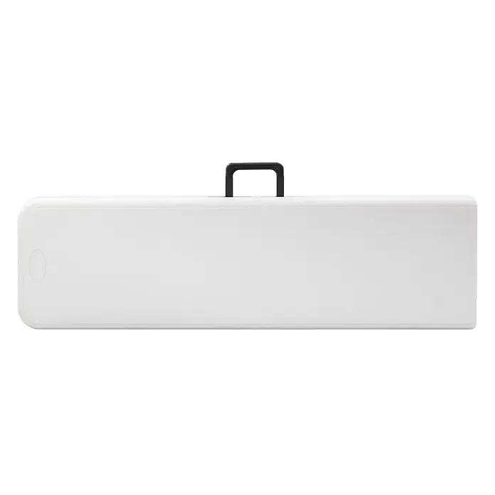Furnicato Gartenbank HDPE - B x T x H: 26 x 180 x 42 cm, Weiß - Weißer Klapptisch, Draufsicht, mit schwarzem Tragegriff.