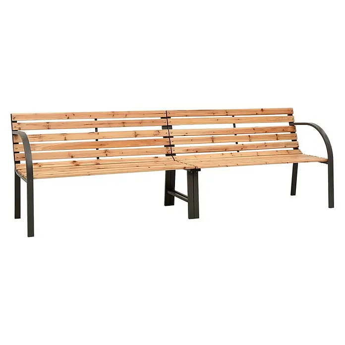 Furnicato Gartenbank Tannen-Massivholz - B x T x H: 225 x 54 x 73 cm, Braun - Lange Outdoor-Bank mit hellen Holzlatten und dunklem Metallrahmen und Armlehnen.
