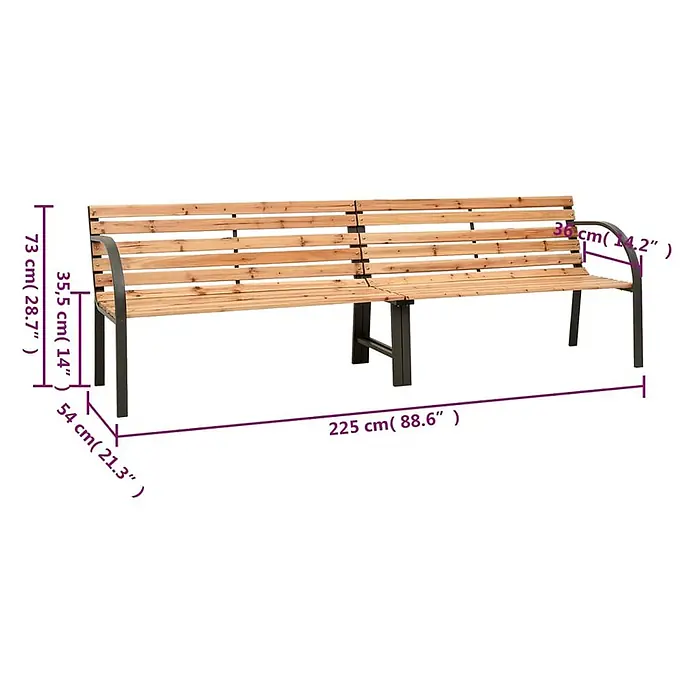 Furnicato Gartenbank Tannen-Massivholz - B x T x H: 225 x 54 x 73 cm, Braun - Lange Holzgartenbank mit hellbraunen Latten, einem dunklen Metallrahmen und Armlehnen.
