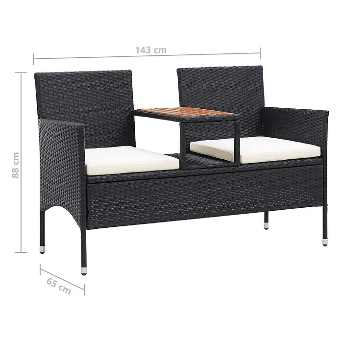 Furnicato Gartenbank PE-Rattan Cremeweiß - B x T x H: 143 x 65 x 88 cm, Schwarz - Schwarzes Rattan-Gartensofa mit zwei Sitzen, weißen Kissen und einem integrierten Beistelltisch aus Holz.