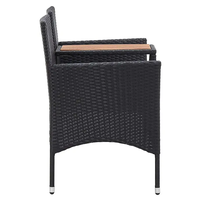 Furnicato Gartenbank PE-Rattan Cremeweiß - B x T x H: 143 x 65 x 88 cm, Schwarz - Schwarzer Polyrattan-Gartensessel mit Holzarmlehnen, Seitenansicht.