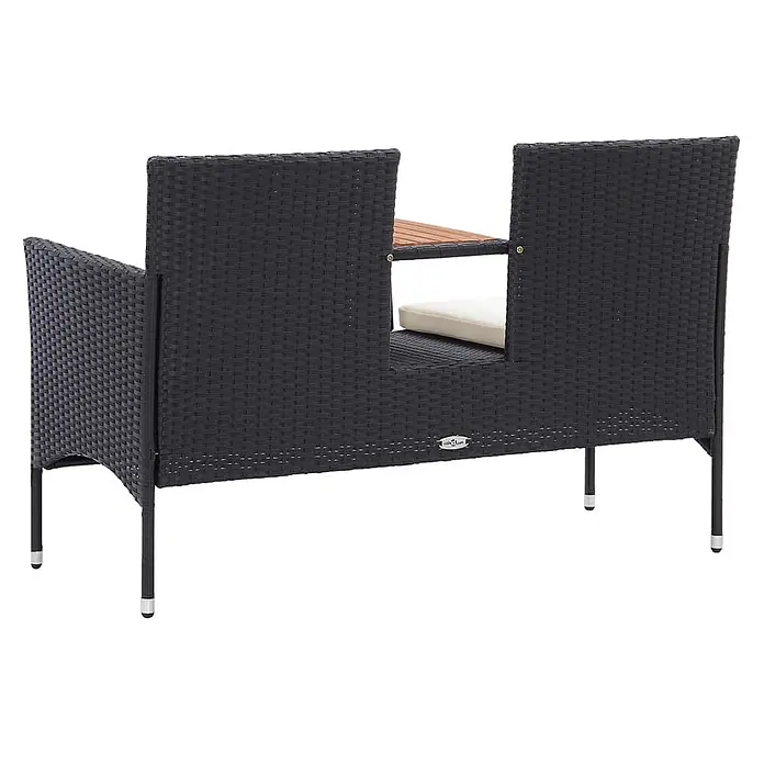 Furnicato Gartenbank PE-Rattan Cremeweiß - B x T x H: 143 x 65 x 88 cm, Schwarz - Schwarze Rattan-Gartenbank für zwei Personen mit integriertem Holztisch und cremefarbenen Kissen.