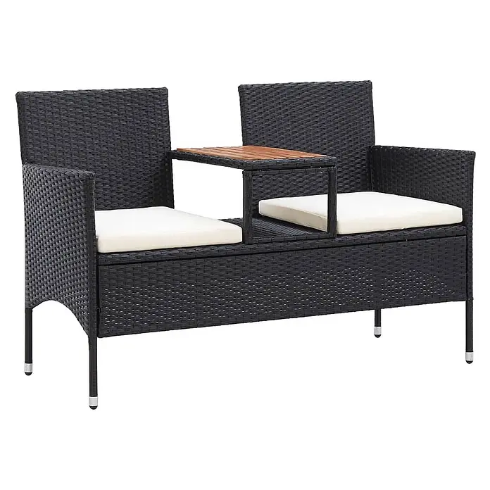 Furnicato Gartenbank PE-Rattan Cremeweiß - B x T x H: 143 x 65 x 88 cm, Schwarz - Schwarze Rattan-Sitzbank für zwei Personen mit cremefarbenen Kissen und integriertem Holztisch.