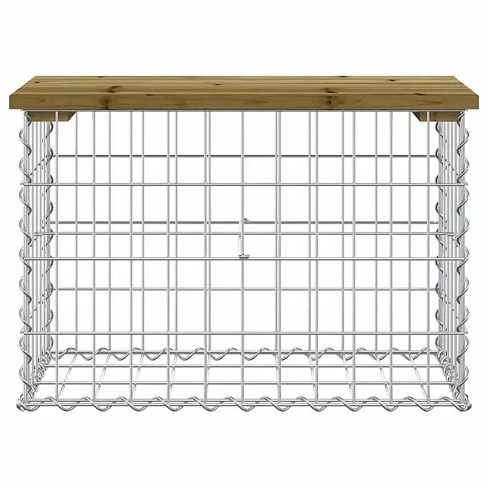 Furnicato Gartenbank Kiefernholz imprägniert - B x T x H: 63 x 31,5 x 42 cm, Imprägniertes Kiefernholz - Gabionenkorb aus silbernem Draht mit natürlicher Holzplatte, geeignet als Gartenbank oder Tisch.