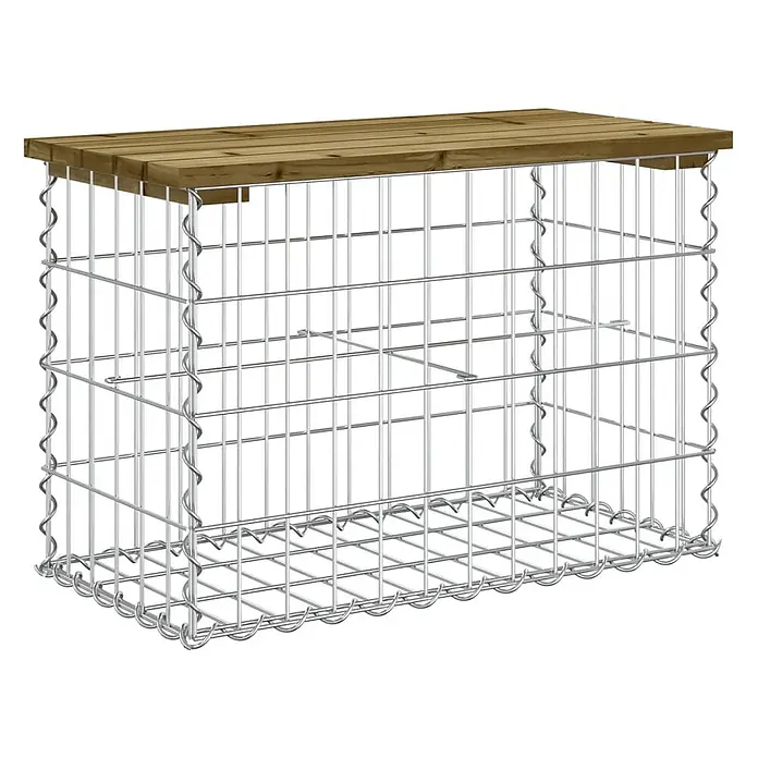 Furnicato Gartenbank Kiefernholz imprägniert - B x T x H: 63 x 31,5 x 42 cm, Imprägniertes Kiefernholz - Gabionenkorb aus silbernem Metall mit stabiler brauner Holzplatte, ideal für Sitzgelegenheiten im Freien oder Gartendekoration.