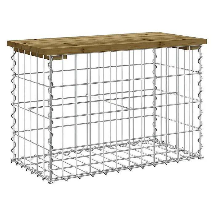 Furnicato Gartenbank Kiefernholz imprägniert - B x T x H: 63 x 31,5 x 42 cm, Imprägniertes Kiefernholz - Gabionenkorb aus verzinktem Stahl mit rechteckiger Holzplatte, ideal für Gartensitzgelegenheiten oder Deko.