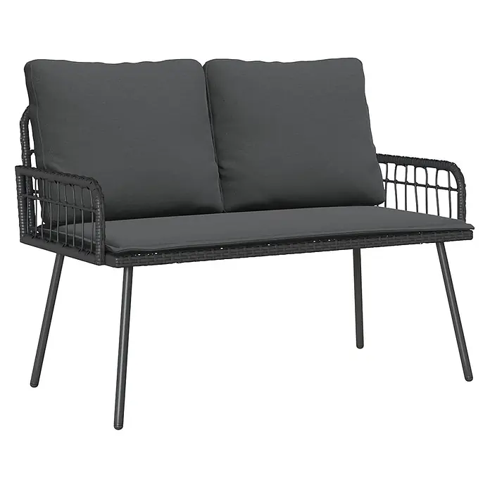Furnicato Gartenbank Poly-Rattan Anthrazit - B x T x H: 64 x 114 x 90 cm, Schwarz und Dunkelgrau - Dunkelgraue 2-Sitzer Poly Rattan Gartenbank mit passenden Kissen und Metallbeinen.