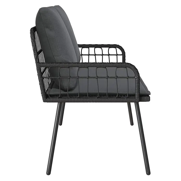 Furnicato Gartenbank Poly-Rattan Anthrazit - B x T x H: 64 x 114 x 90 cm, Schwarz und Dunkelgrau - Dunkelgrauer geflochtener Sessel mit dunkelgrauen Kissen und schlanken Metallbeinen.